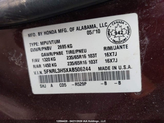 Продажа на аукционе авто 2010 Honda Odyssey Se, vin: 5FNRL3H5XAB506244, номер лота: 12594420