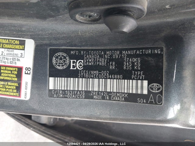 12594421 :رقم المزاد ، 2T1BU4EE0DC946880 vin ، 2013 Toyota Corolla مزاد بيع