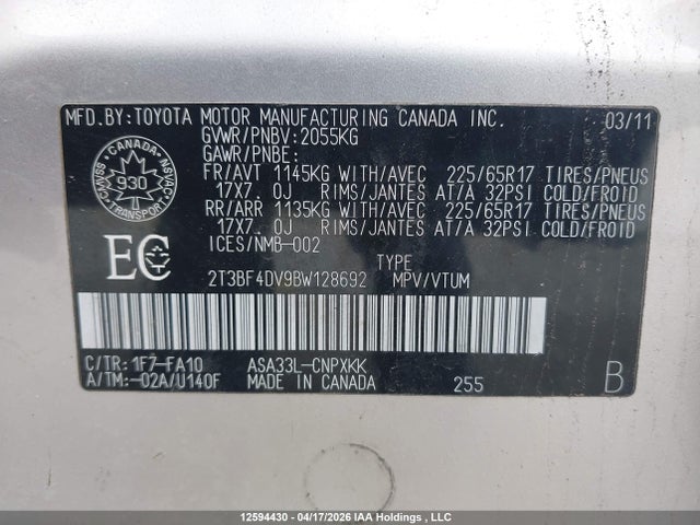2011 Toyota Rav4 მანქანა იყიდება აუქციონზე, vin: 2T3BF4DV9BW128692, აუქციონის ნომერი: 12594430