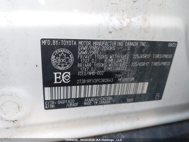 2023 Toyota Rav4 Le მანქანა იყიდება აუქციონზე, vin: 2T3B1RFV3PC382643, აუქციონის ნომერი: 12594435