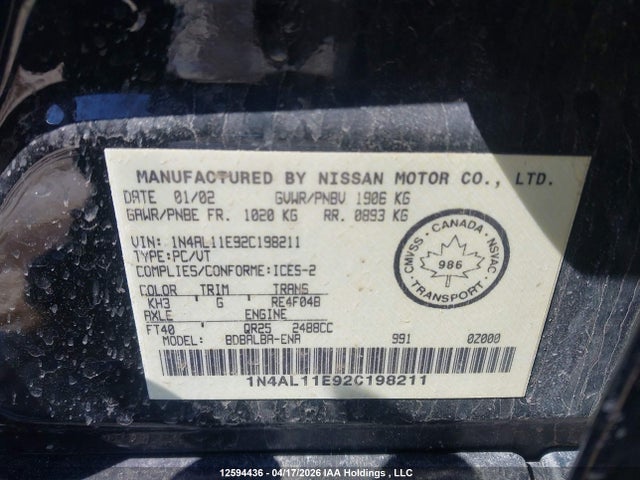 2002 Nissan Altima 2.5 Sl მანქანა იყიდება აუქციონზე, vin: 1N4AL11E92C198211, აუქციონის ნომერი: 12594436