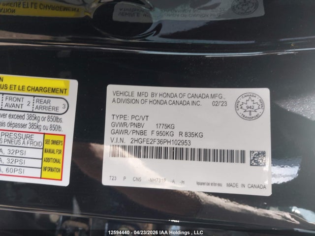 Aukcja sprzedaży 2023 Honda Civic Ex/ex-b, vin: 2HGFE2F36PH102953, numer aukcji: 12594440