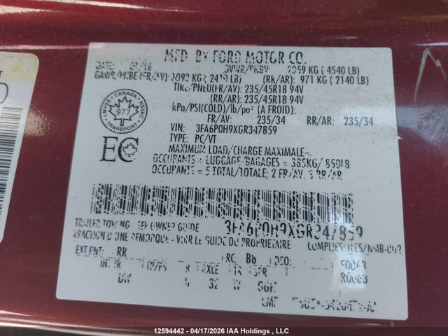 Aukcja sprzedaży 2016 Ford Fusion Se, vin: 3FA6P0H9XGR347859, numer aukcji: 12594442
