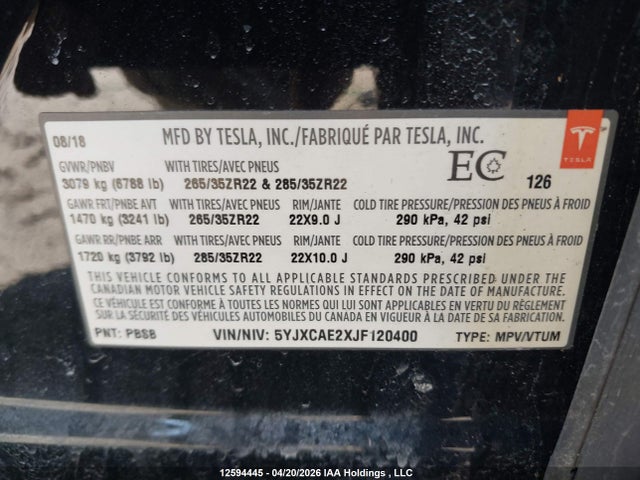 Aukcja sprzedaży 2018 Tesla Model X, vin: 5YJXCAE2XJF120400, numer aukcji: 12594445
