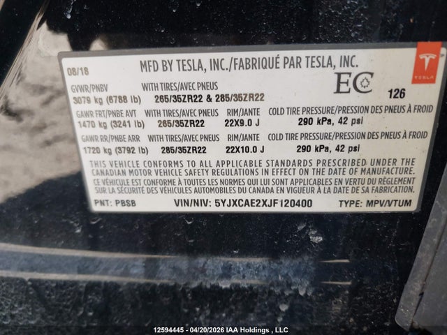 Aukcja sprzedaży 2018 Tesla Model X, vin: 5YJXCAE2XJF120400, numer aukcji: 12594445