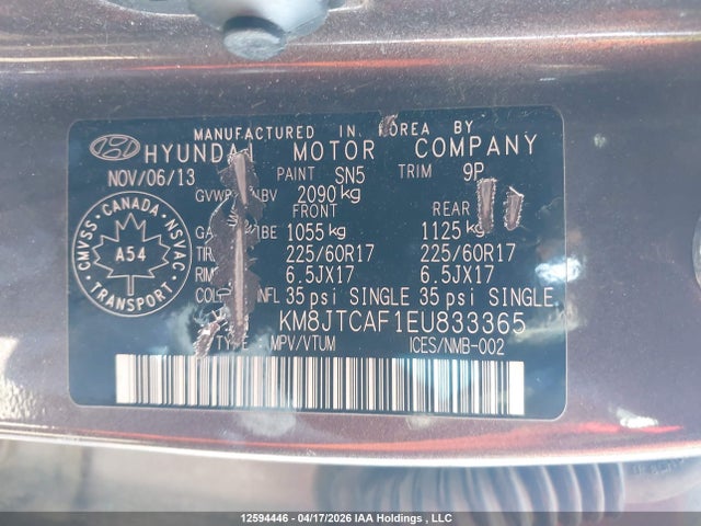 KM8JTCAF1EU833365 Hyundai Tucson Gl