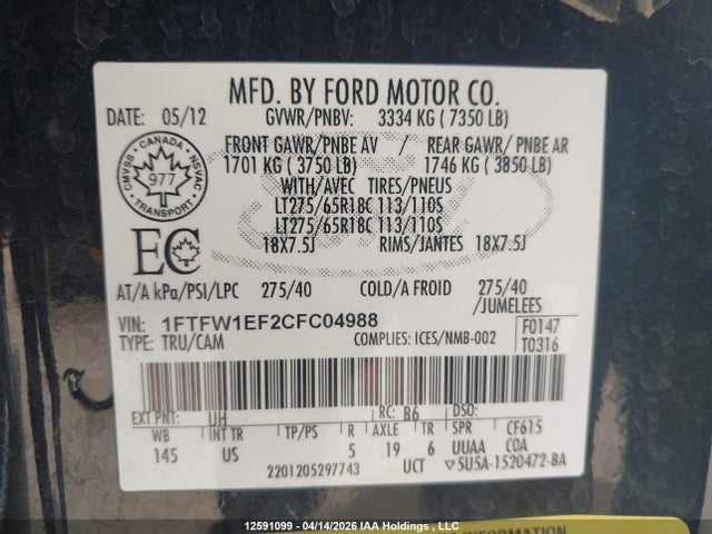 12591099 :رقم المزاد ، 1FTFW1EF2CFC04988 vin ، 2012 Ford F-150 Xlt مزاد بيع