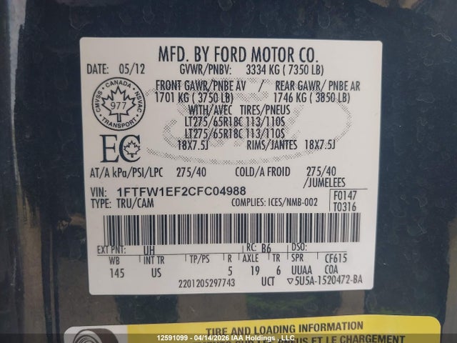 12591099 :رقم المزاد ، 1FTFW1EF2CFC04988 vin ، 2012 Ford F-150 Xlt مزاد بيع