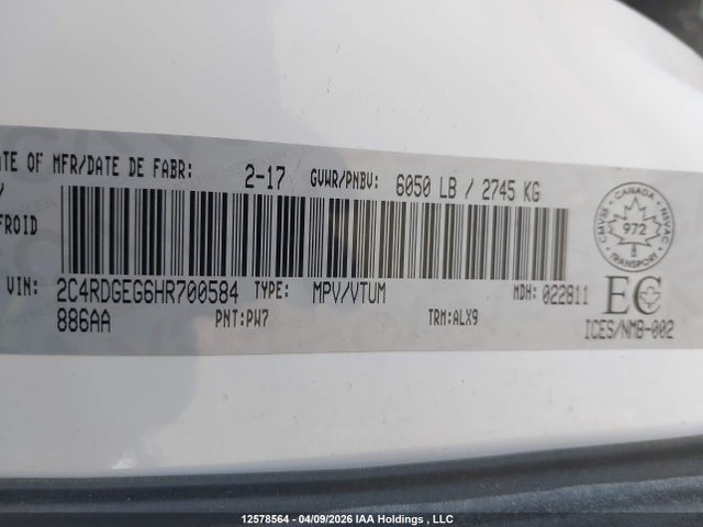 2C4RDGEG6HR700584 Dodge Grand Caravan Gt