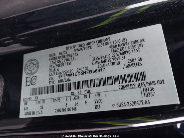 2022 Ford F-150 Platinum მანქანა იყიდება აუქციონზე, vin: 1FTFW1ED5NFB66917, აუქციონის ნომერი: 12526516
