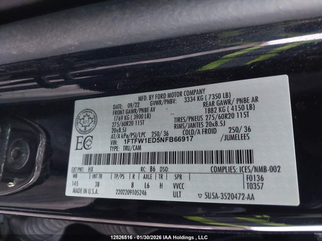 2022 Ford F-150 Platinum მანქანა იყიდება აუქციონზე, vin: 1FTFW1ED5NFB66917, აუქციონის ნომერი: 12526516