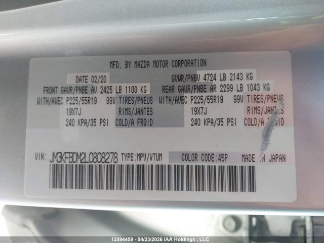 12594459 :رقم المزاد ، JM3KFBDM2L0808278 vin ، 2020 Mazda Cx-5 Gt مزاد بيع