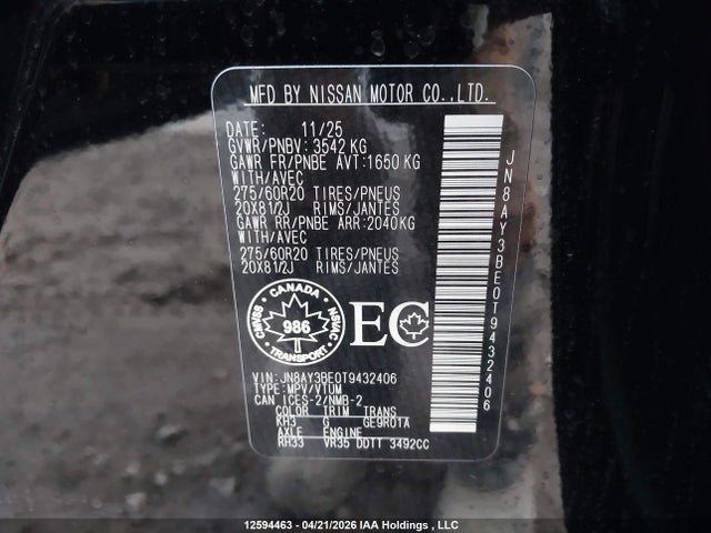 JN8AY3BE0T9432406 Nissan Armada Sl