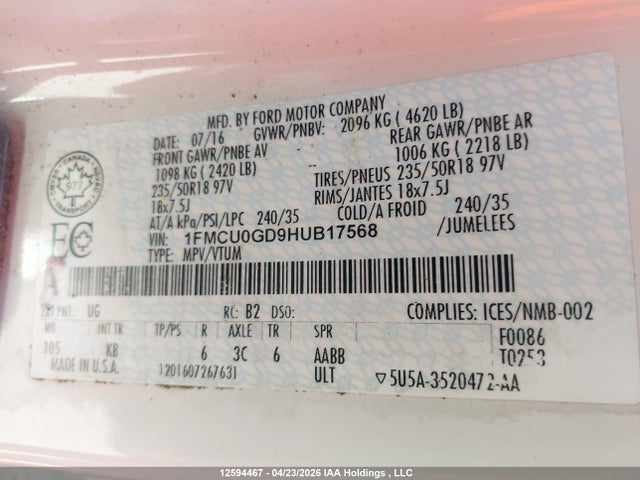 2017 Ford Escape მანქანა იყიდება აუქციონზე, vin: 1FMCU0GD9HUB17568, აუქციონის ნომერი: 12594467