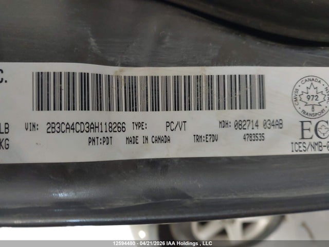 12594480 :رقم المزاد ، 2B3CA4CD3AH118266 vin ، 2010 Dodge Charger مزاد بيع