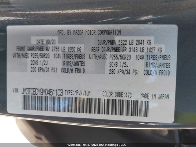 Aukcja sprzedaży 2021 Mazda Cx-9 Grand Touring, vin: JM3TCBDY9M0451103, numer aukcji: 12594486