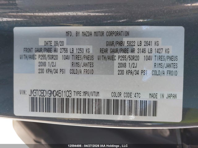 Aukcja sprzedaży 2021 Mazda Cx-9 Grand Touring, vin: JM3TCBDY9M0451103, numer aukcji: 12594486
