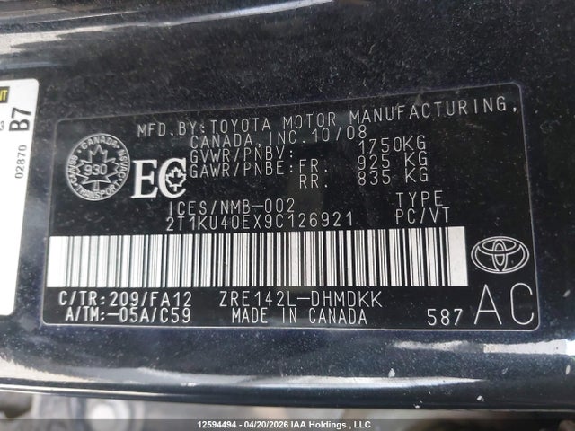Aukcja sprzedaży 2009 Toyota Matrix, vin: 2T1KU40EX9C126921, numer aukcji: 12594494
