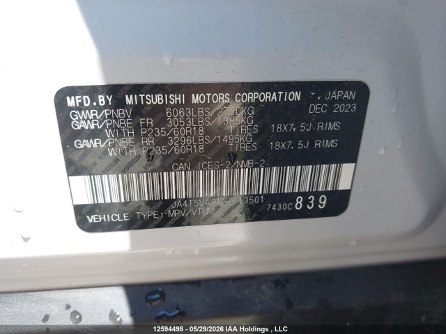 2024 Mitsubishi Outlander Se/ralliart მანქანა იყიდება აუქციონზე, vin: JA4T5VA91RZ613501, აუქციონის ნომერი: 12594498