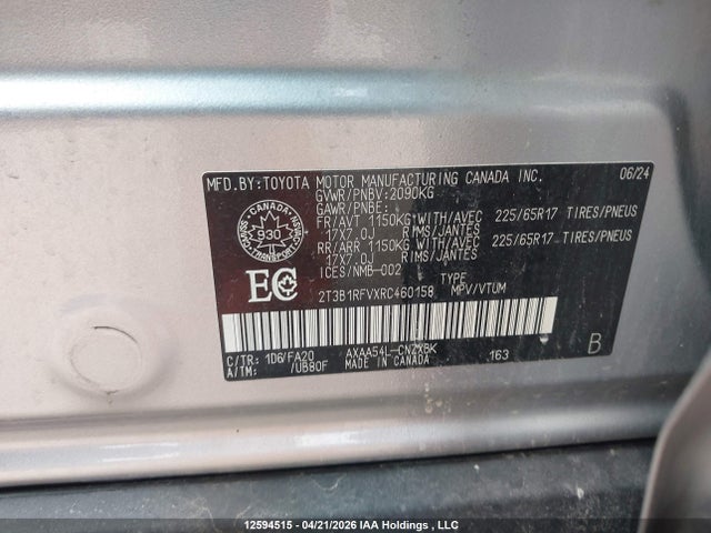 2024 Toyota Rav4 Le მანქანა იყიდება აუქციონზე, vin: 2T3B1RFVXRC460158, აუქციონის ნომერი: 12594515