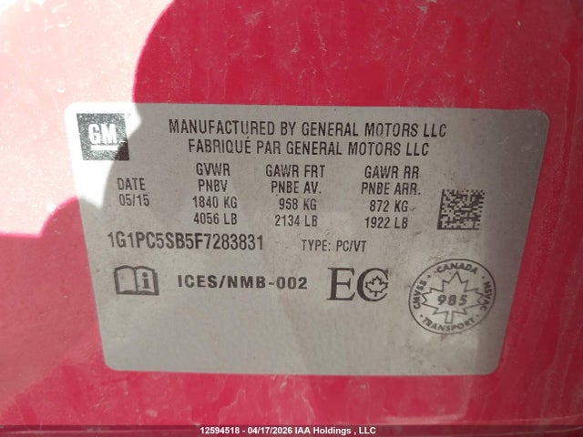 2015 Chevrolet Cruze მანქანა იყიდება აუქციონზე, vin: 1G1PC5SB5F7283831, აუქციონის ნომერი: 12594518