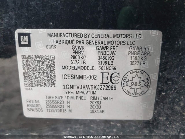 1GNEVJKW5KJ272966 Chevrolet Traverse High Country/rs