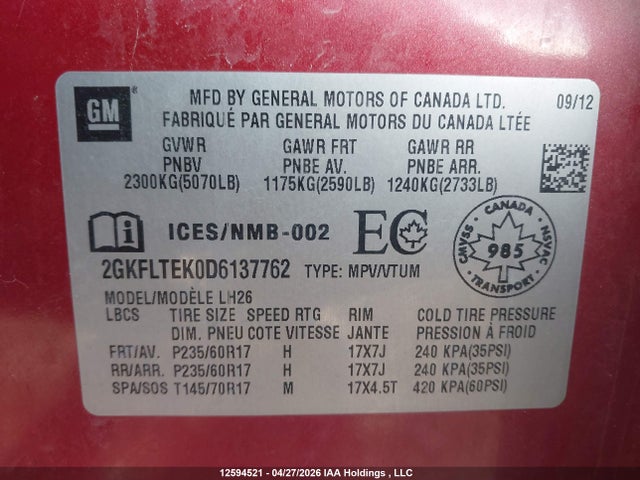 Aukcja sprzedaży 2013 Gmc Terrain Sle-2, vin: 2GKFLTEK0D6137762, numer aukcji: 12594521