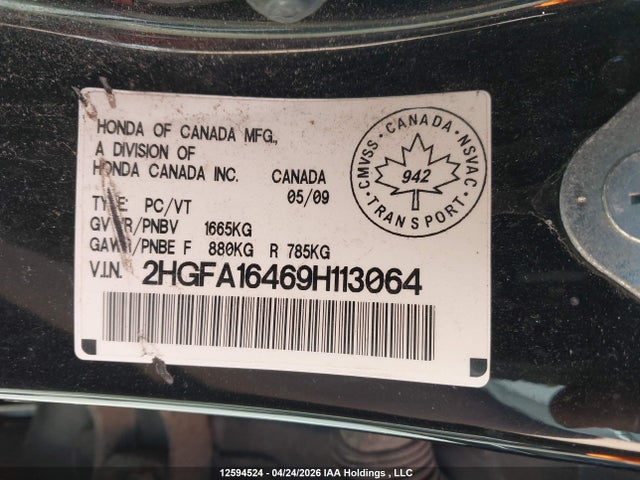 Aukcja sprzedaży 2009 Honda Civic Dx-g, vin: 2HGFA16469H113064, numer aukcji: 12594524