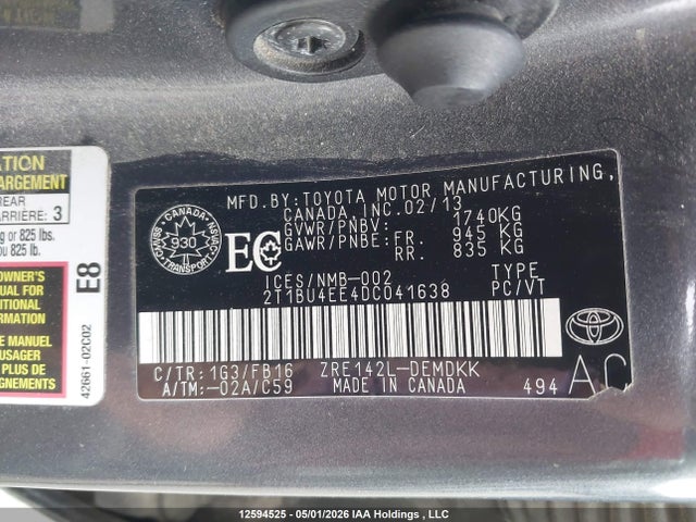 12594525 :رقم المزاد ، 2T1BU4EE4DC041638 vin ، 2013 Toyota Corolla مزاد بيع