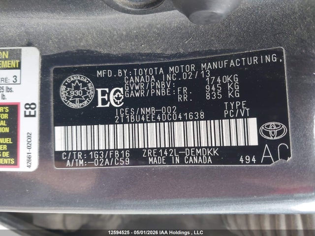 12594525 :رقم المزاد ، 2T1BU4EE4DC041638 vin ، 2013 Toyota Corolla مزاد بيع