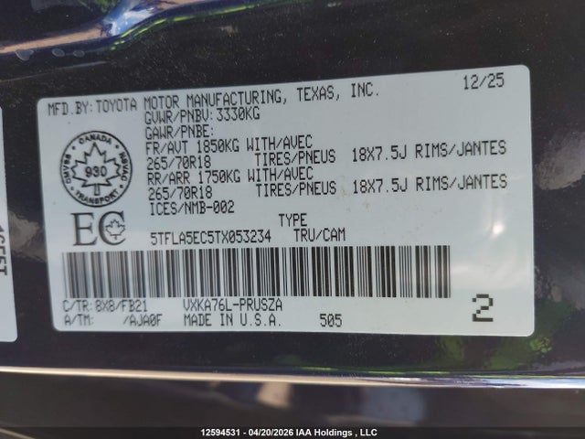 Aukcja sprzedaży 2026 Toyota Tundra, vin: 5TFLA5EC5TX053234, numer aukcji: 12594531