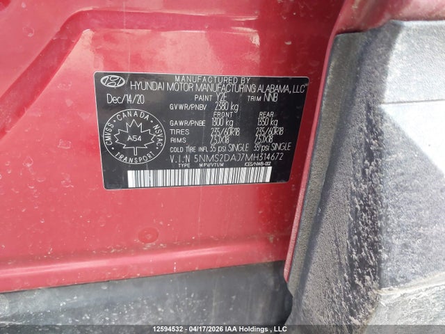 Продаж на аукціоні авто 2021 Hyundai Santa Fe Sel, vin: 5NMS2DAJ7MH314672, номер лоту: 12594532