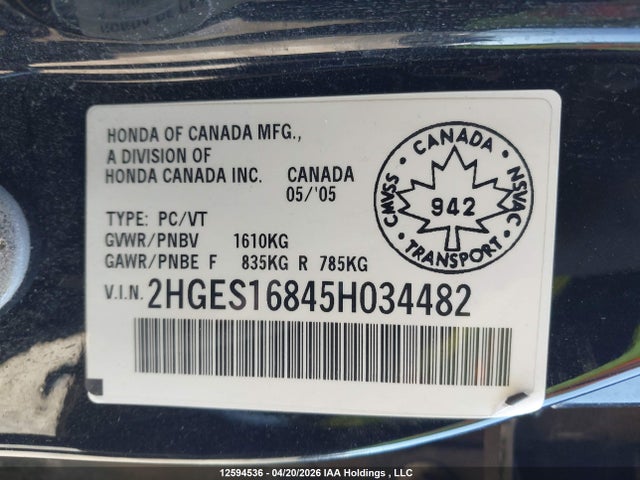 Продажа на аукционе авто 2005 Honda Civic Si Si, vin: 2HGES16845H034482, номер лота: 12594536