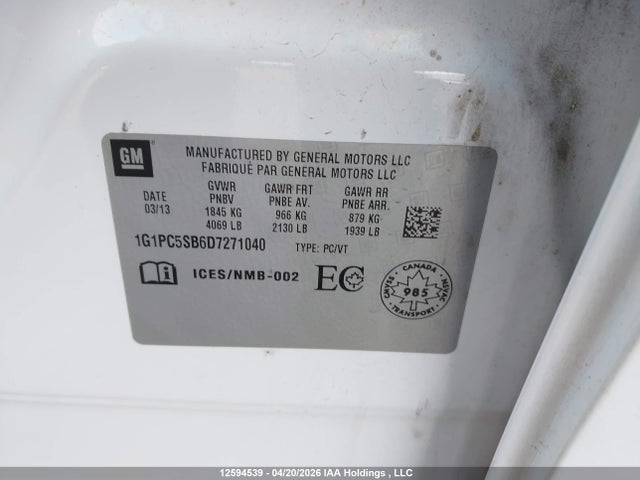 2013 Chevrolet Cruze Lt Turbo მანქანა იყიდება აუქციონზე, vin: 1G1PC5SB6D7271040, აუქციონის ნომერი: 12594539