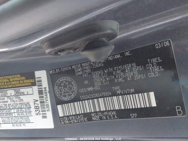 2006 Toyota Sienna Le V6 მანქანა იყიდება აუქციონზე, vin: 5TDZA23C06S476924, აუქციონის ნომერი: 12594542