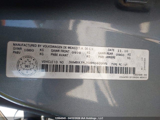 2011 Volkswagen Jetta მანქანა იყიდება აუქციონზე, vin: 3VWBX7AJ5BM040995, აუქციონის ნომერი: 12594545