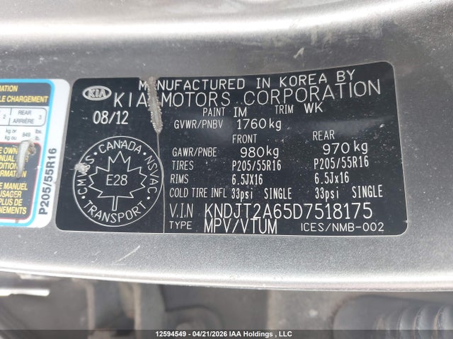 12594549 :رقم المزاد ، KNDJT2A65D7518175 vin ، 2013 Kia Soul +/!/sport مزاد بيع