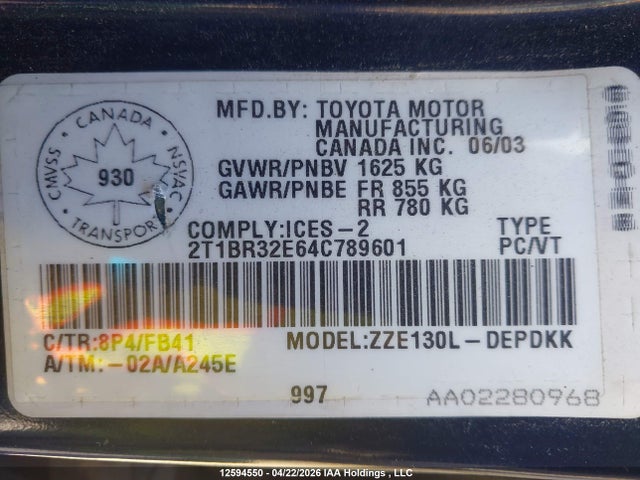 Aukcja sprzedaży 2004 Toyota Corolla Ce/le/sport, vin: 2T1BR32E64C789601, numer aukcji: 12594550