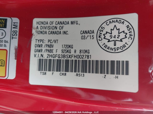 2HGFG3B5XFH002781 Honda CIVIC EX
