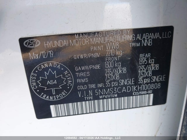 Hyundai Santa Fe Preferred 2.4 2019 5NMS3CAD1KH100808 Image 18