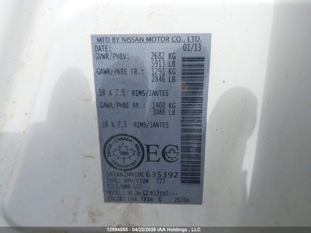 Aukcja sprzedaży 2013 Nissan Pathfinder S/sv/sl/platinum, vin: 5N1AR2MM1DC635392, numer aukcji: 12594555