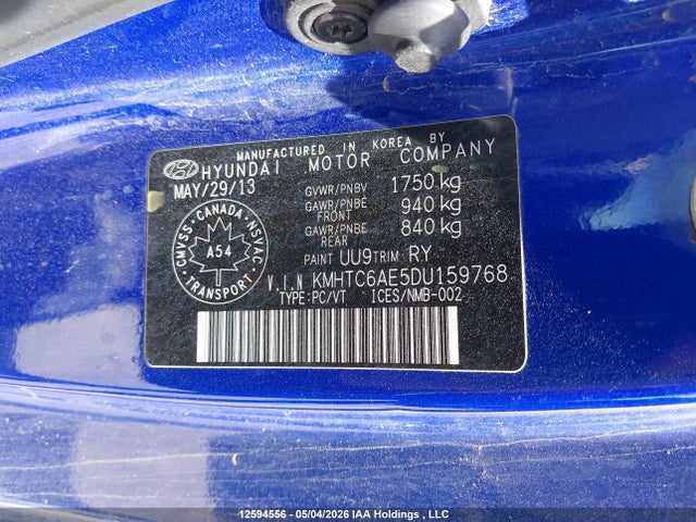 2013 Hyundai Veloster მანქანა იყიდება აუქციონზე, vin: KMHTC6AE5DU159768, აუქციონის ნომერი: 12594556