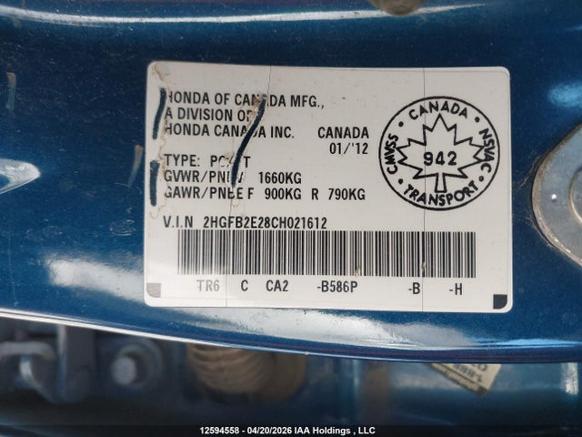 Aukcja sprzedaży 2012 Honda Civic Dx, vin: 2HGFB2E28CH021612, numer aukcji: 12594558