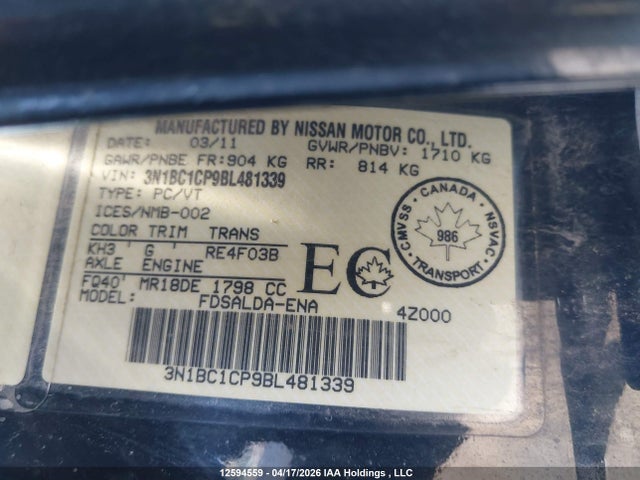 2011 Nissan Versa 1.8s მანქანა იყიდება აუქციონზე, vin: 3N1BC1CP9BL481339, აუქციონის ნომერი: 12594559