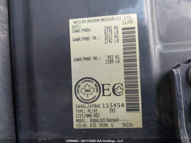2010 Nissan Altima 2.5 S მანქანა იყიდება აუქციონზე, vin: 1N4AL2AP8AC115454, აუქციონის ნომერი: 12594563