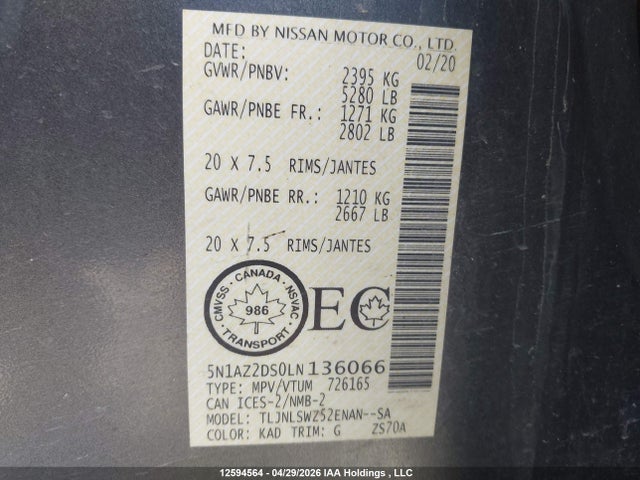 Продаж на аукціоні авто 2020 Nissan Murano Platinum, vin: 5N1AZ2DS0LN136066, номер лоту: 12594564