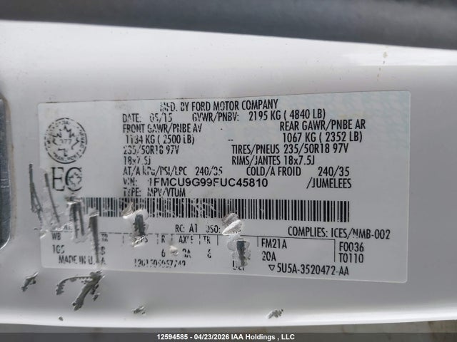 Продаж на аукціоні авто 2015 Ford Escape Se, vin: 1FMCU9G99FUC45810, номер лоту: 12594585