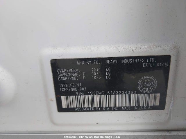 Aukcja sprzedaży 2010 Subaru Legacy 2.5i Limited, vin: 4S3BMGL61A3234363, numer aukcji: 12594589