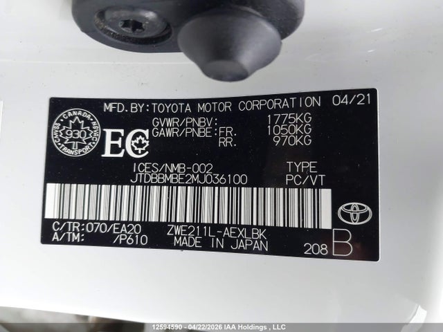 Aukcja sprzedaży 2021 Toyota Corolla Hybrid, vin: JTDBBMBE2MJ036100, numer aukcji: 12594590
