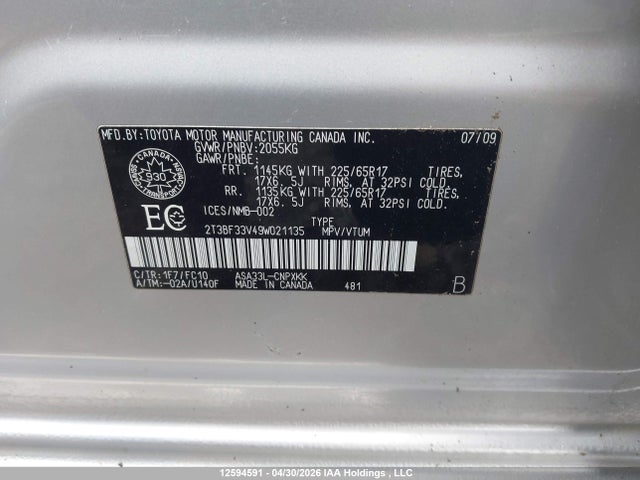 12594591 :رقم المزاد ، 2T3BF33V49W021135 vin ، 2009 Toyota Rav4 مزاد بيع